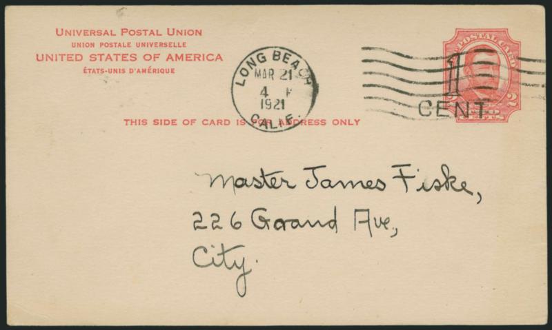 1c on 2c Red on Cream, Postal Card (UX36 USPCC S52).> Clear surcharge, cancelled by Long Beach Calif. Mar. 21, 1921 4PM cancel to local address, back of card with Long Beach Public Library notice notifying
recipient that his book is reserved until