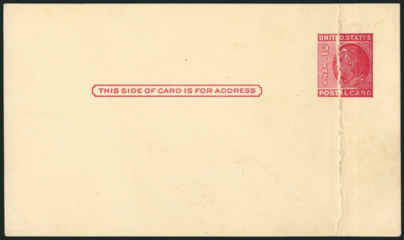 2c Carmine Rose on Buff, Postal Card, Paste-Up and Papermakers Splice (UX38 var USPCC S54BPUv-1, S54BPUv-2).> Mint cards, former 48mm brown tape, later very negligible soiling at right, otherwise Very Fine,
according to USPCC the splice is the only