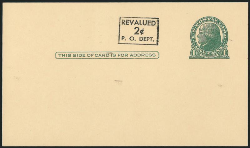 2c on 1c Green on Buff, Postal Card, Black Surcharge (UX39 var USPCC S56-1a2 ).> Mint card, intense black surcharge with no traces of green ink, slight offset on back also in black, wonderfully fresh<><>^VERY
FINE EXAMPLE OF THIS RARE POSTAL CARD