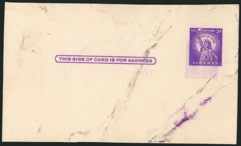 3c Purple on Buff, Postal Card, Double Impression (UX46b USPCC S63b).> Two, first a Mint card, printers waste with minor water damage causing slight bleed of purple color, otherwise Fine other pre-printed
dealing with subscription to <<Fortune>>