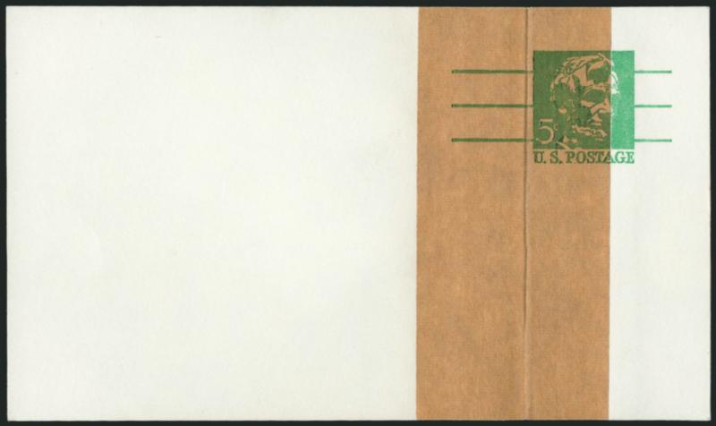 5c Emerald, Postal Card, Vertical Paste-Up (UX55 var USPCC S73PUv).> Mint card with 38mm wide Manila tape, immaculate, Extremely Fine, according to the USPCC there are only two Mint and one pre-printed
recorded, Scott Retail unlisted