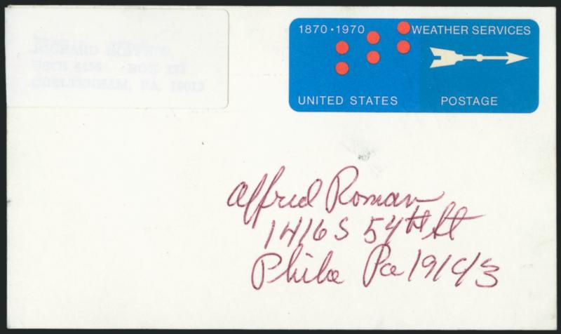 5c Weather Bureau Centenary, Postal Card, Yellow and Black Omitted (UX57a USPCC S76c).> Face ink addressed with adhesive label over return address, back with couple stamp mail sale bids (?) but never mailed,
perhaps the writer realized he had an err