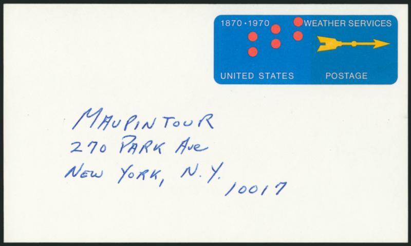 5c Weather Bureau Centenary, Postal Card, Black Omitted (UX57c USPCC S76a).> Face ink addressed, back written request for some 1971 travel brochures, never mailed, perhaps the writer realized he had an error
and decided not to put it in the mail, Ve