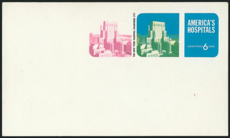 6c Americas Hospitals, Postal Card, Magenta and Black Shifted Left (UX60 var USPCC S79c).> Mint card, dramatic and Extremely Fine, a striking error made even more interesting by having no overlapping of colors
due to extent of the shift, USPCC valu