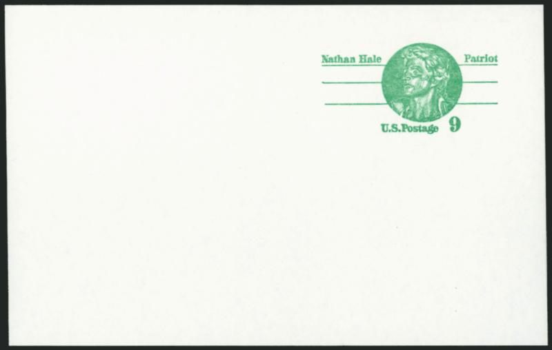 9c Green, Fluorescent Stock Postal Card, Missing the Cent Symbol (UX72a USPCC S89c).> Mint card, brilliant clean stock, Extremely Fine, approximately 400 examples of this error are known with only 18 recorded
on fluorescent stock (see footnote in