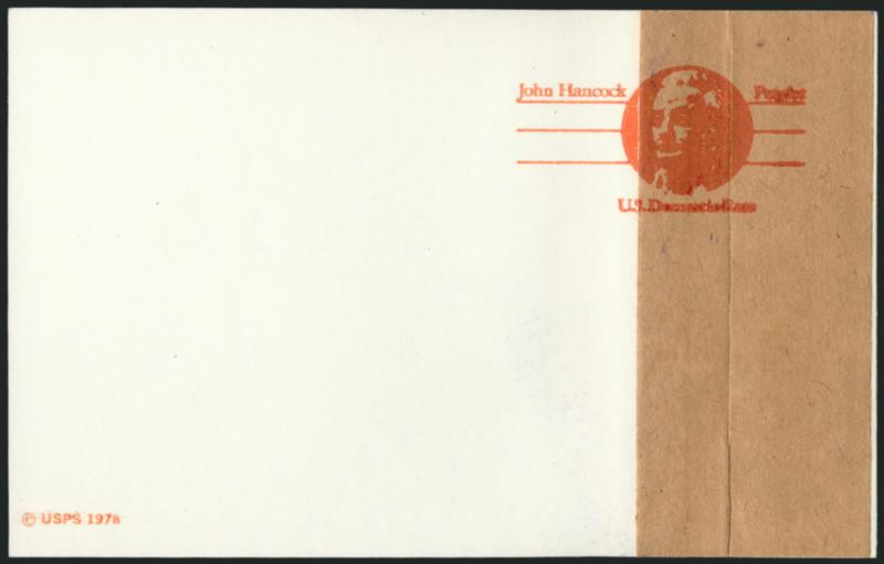 (10c) Brown Orange, Postal Card, Vertical Paste-Up and Papermakers Splice (UX74 var USPCC S91PUv-1, S91PUV-2).> Mint cards, former with 37mm Manila tape, Extremely Fine, each the only recorded example according
to the USPCC, Scott Retail unlisted