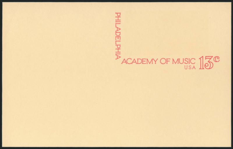 13c Philadelphia Academy of Music, Postal Card, Brown and Cream Omitted (UX96a USPCC S113a).> Mint card, perfect condition, Extremely Fine, USPCC $700.00