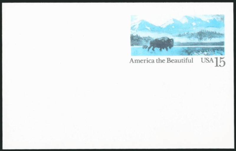 15c Buffalo and Prairie, Postal Card, Double Impression, Front Normal, Reverse in Blue and Black Only (UX120c USPCC S137ab).> Mint card, could be also described as magenta and yellow omitted on back, Extremely
Fine, USPCC $460.00