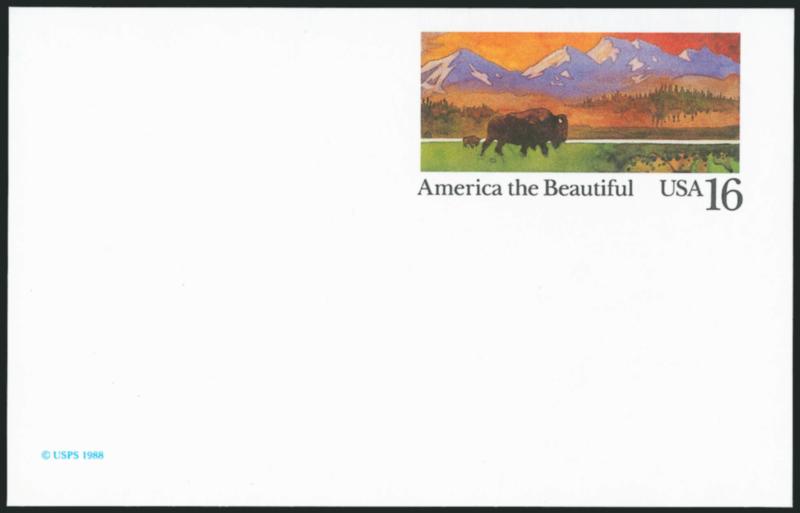 16c Buffalo and Prairie, Postal Card, Essay (UX120E USPCC S137E).> Mint card, identical to the 15c card except denomination changed to 16, Extremely Fine, unlisted both in Scott and USPCC