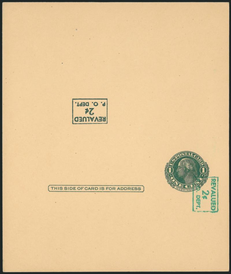 2c on 1c + 2c on 1c Green on Buff, Paid Reply Postal Card, Message Side With Vertical Tickometer Surcharge Reading Down, Reply Side With Normal Press-Printed Surcharge and an Additional One on the Reverse (UY14
var MR25n).> Mint Unfolded card, Very