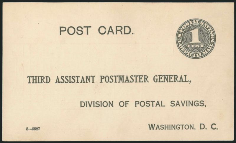 1c Black, Official Postal Card, Colorless Dot Between O and S (UZ1 var USPCC O1a).> Mint face, preprinted back as always, Very Fine, Scott Retail unlisted variety, value as normal unused card, USPCC
$750.00