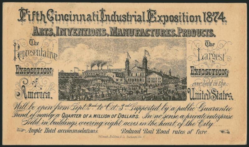 Fifth Cincinnati Industrial Exposition 1874, Postal Card (USPCC EX2, Ty. 3).> Square corner design on postal card S10, blue grid cancel (no town marking), Very Fine and very scarce, USPCC value