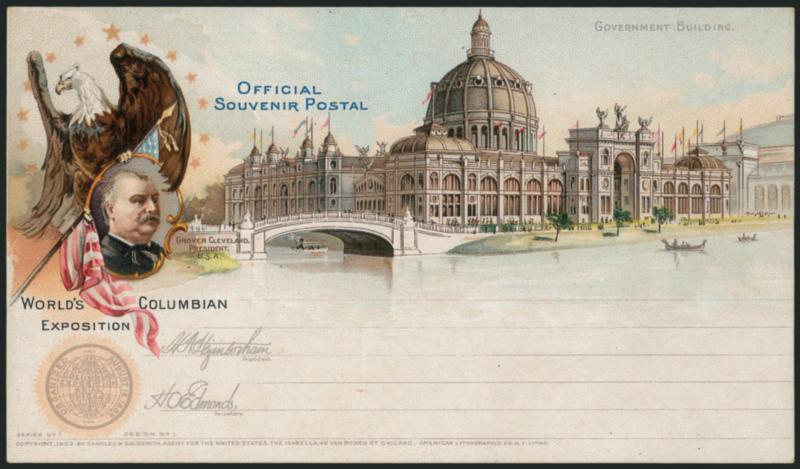 Columbian Exposition 1893, Postal Cards, Set 4 (USPCC EX35-EX44).> With 1c Columbian stamp added to each for International use, Very Fine