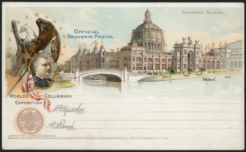 Columbian Exposition 1893, Postal Cards, Set No. 6, Third Edition (USPCC EX50-EX61).> Mint multicolor cards on S10, two new cards added and inscribed Series No. 1, Very Fine