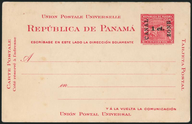 CANAL ZONE, 1907, 1c on 2c Carmine, Postal Card, Double Surcharge (UX1a UPSS S1a).> Mint card, minor tropical toning, otherwise Very Fine, only five recorded according to the UPSS Catalog, ex Plass, with 1969
A.P.S. certificate