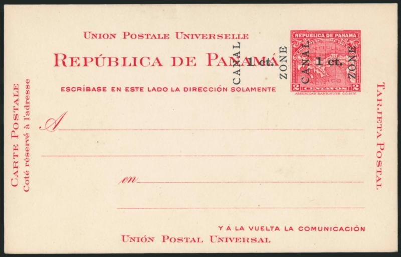 CANAL ZONE, 1907, 1c on 2c Carmine, Postal Card, Double Surcharge, Wide Displacement (UX1a UPSS S1d).> Mint card, wide displacement of second surcharge to left (almost one stamp width), Very Fine, With 1979
P.F. certificate, UPSS $1,750.00