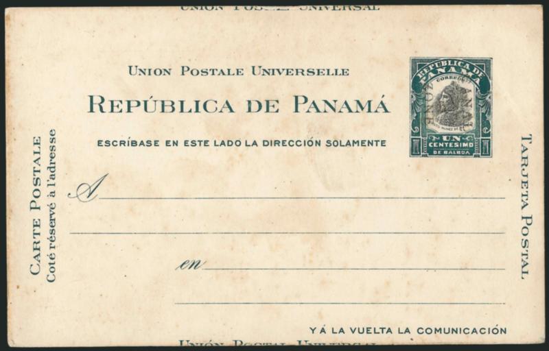 CANAL ZONE, 1908, 1c Green and Black, Postal Card, 15mm Double Ovpt. (UX2a var UPSS S4c).> Mint card which is slightly miscut, minor tropical toning and some rubbing in the indicia area, otherwise Very Fine,
UPSS $2,000.00, Scott Retail as normal 13