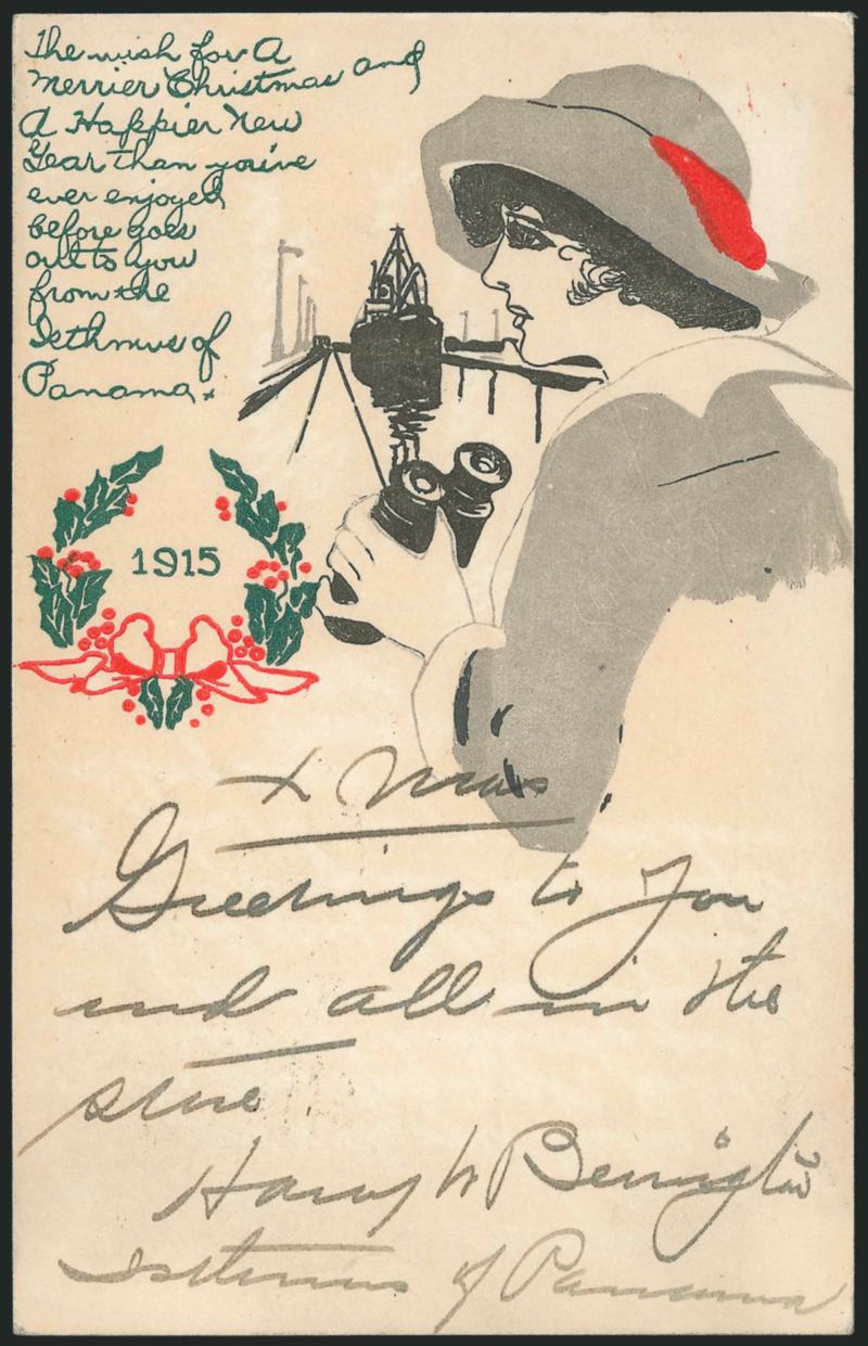 CANAL ZONE, 1913, 1c Green & Black, 1915 Christmas Postal Card (UX4 var UPSS CS3 on S10).> Balboa C.Z. Dec 23 oval grid duplex circular datestamp, Very Fine, UPSS value, Scott Retail unlisted