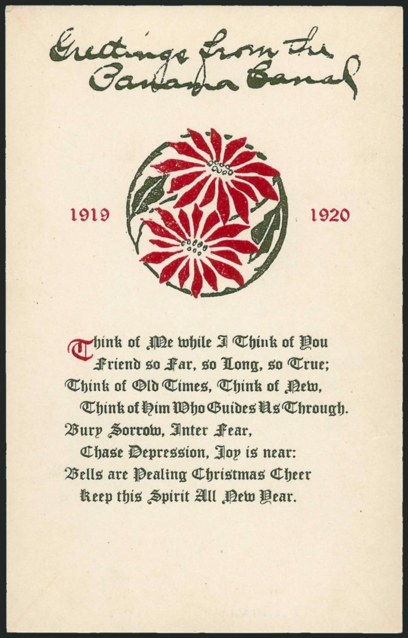 CANAL ZONE, 1913, 1c Green & Black, 1919 Christmas Postal Card (UX4 UPSS CS7 on S11).> Mint face, red and green on white Christmas greeting on reverse, remarkably fresh and clean, Extremely Fine, UPSS value,
Scott Retail unlisted