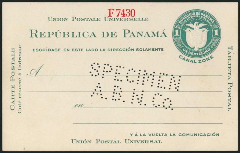 CANAL ZONE, 1924, 1c Green, Perforated Specimen (UX6S UPSS S13a).> Two-line perf SpecimenA.B.N. Co. and with red F7430 print order number at top, bright color, clear embossing, h.r. on back, few trivial toning
specks are barely noticeable and