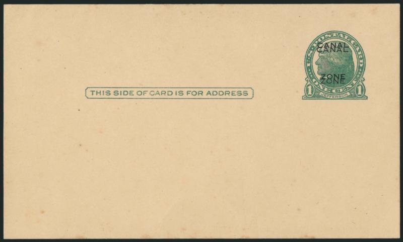 CANAL ZONE, 1935, 1c Green on Buff, Postal Card, Double Ovpt., Modified Roman Type (UX10a UPSS S17a).> Mint card, suggestion of light tropical toning specks, otherwise Very Fine