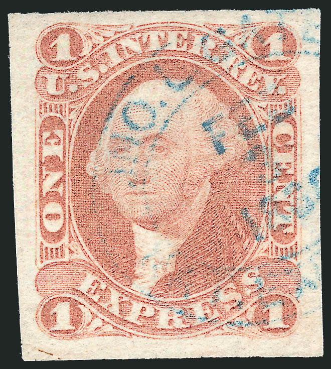 1c Express, Imperforate (R1a).> Large margins all around, bright shade nicely complemented by <blue> handstamp, Extremely Fine Gem, a beautiful stamp in every respect