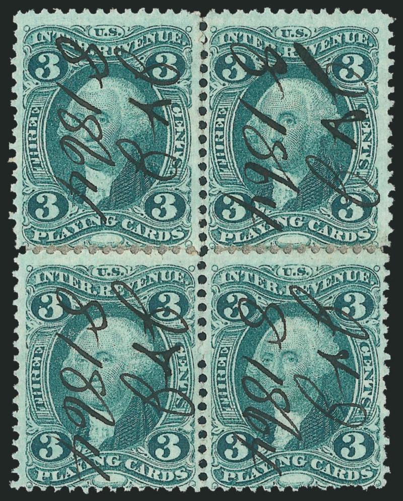 3c Playing Cards, Perforated (R17c).> Reconstructed block of four (two horizontal pairs), attractive color, 1864 ms. cancels, Fine, Scott Retail as two pairs (block catalogs $900.00)
