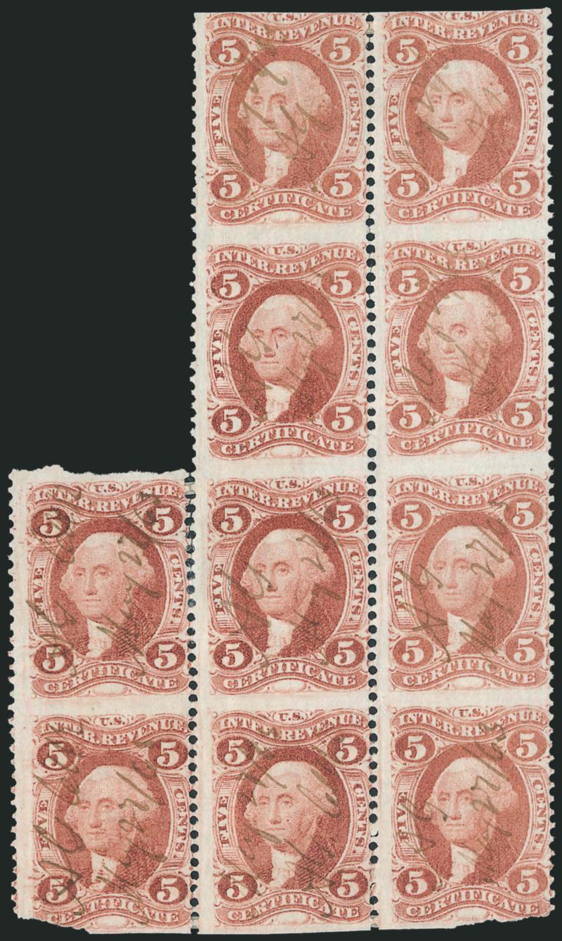 5c Certificate, Part Perforated (R24b).> Block of ten, radiant color, large margins to in, neat ms. cancels, few sensibly reinforced perf separations, Very Fine and choice, http:www.thecurtiscollection.com
notes <this is tied for the largest record