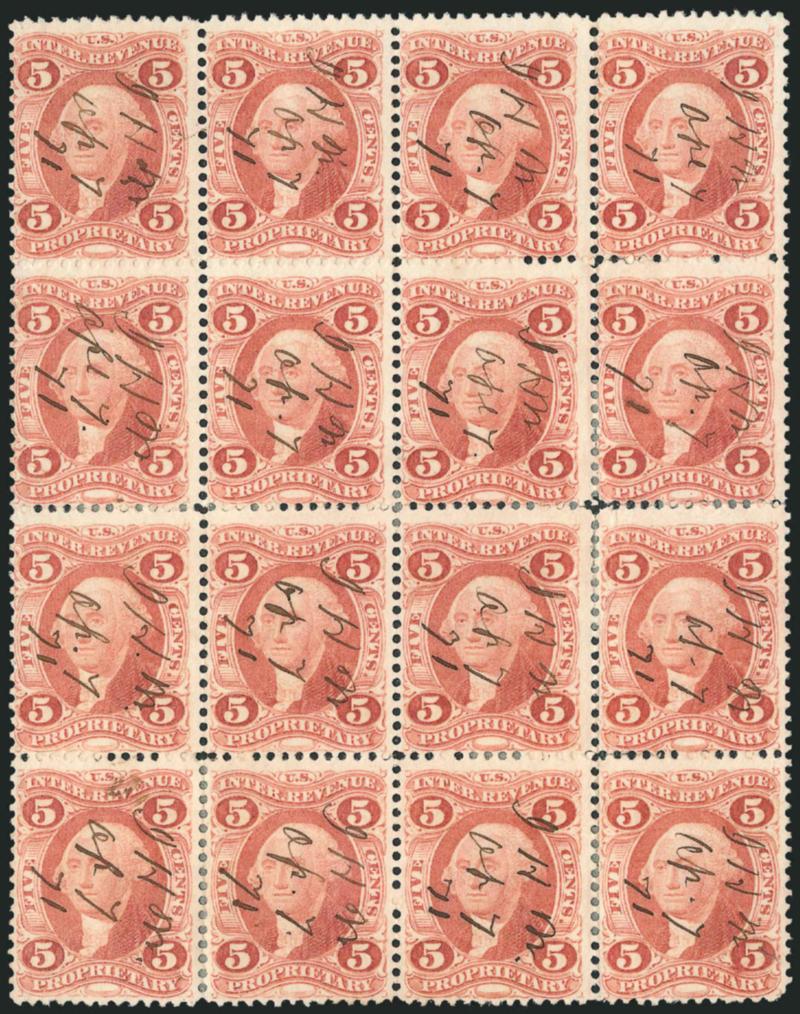 5c Proprietary, Perforated (R29c).> Block of sixteen, radiant color, neat 1871 ms. cancels, few small imperfections incl. some perf separations sensibly reinforced, Fine-Very Fine, according to
http:www.thecurtiscollection.com this is <tied for the