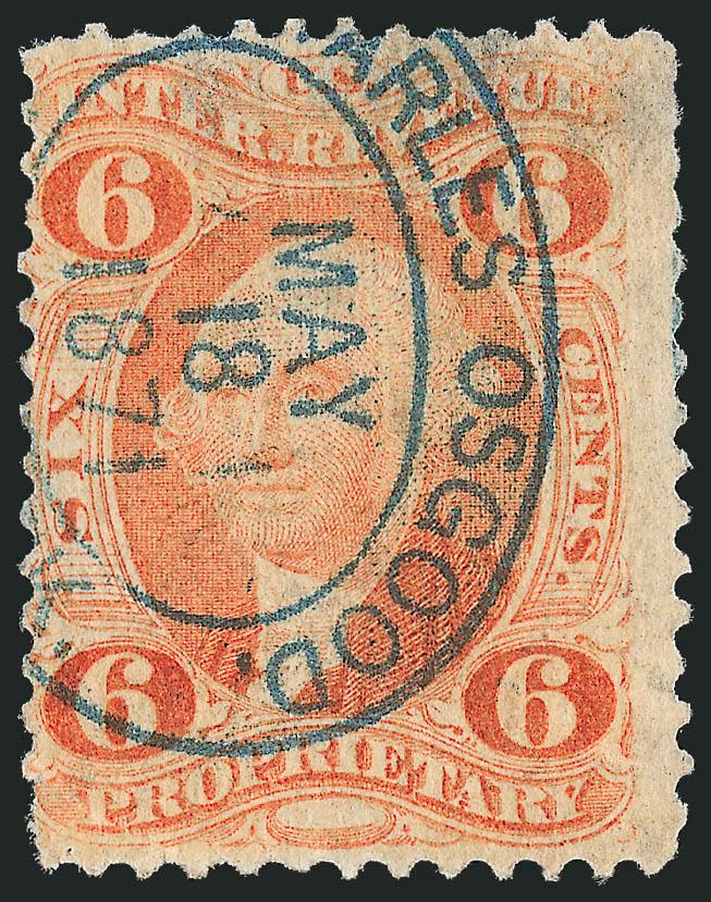 6c Proprietary, Perforated (R31c).> Bold blue Charles Osgood May 18 1871 double-oval datestamp cancel, thinning at top, almost all 6c Proprietary stamps are faulty to a greater or lesser degree with many even
severely repaired due to the manner in wh