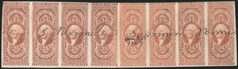 25c Entry of Goods, Imperforate (R45a).> Reconstructed <horizontal strip of eight> comprised of two strips of four, large margins to just in, neat 1867 ms. cancels, couple trivial imperfections, Fine-Very Fine,
according to http:www.thecurtiscollec