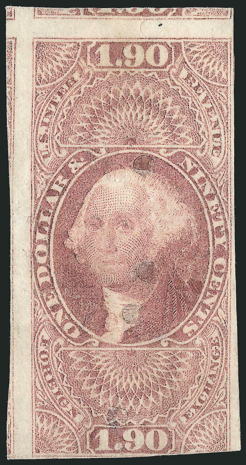 $1.90 Foreign Exchange, Imperforate (R80a).> Two huge margins showing bits of three different adjoining stamps, large to slightly in other two sides, good color, rebacked and repaired over punch hole cancels,
reasonably attractive and affordable exam