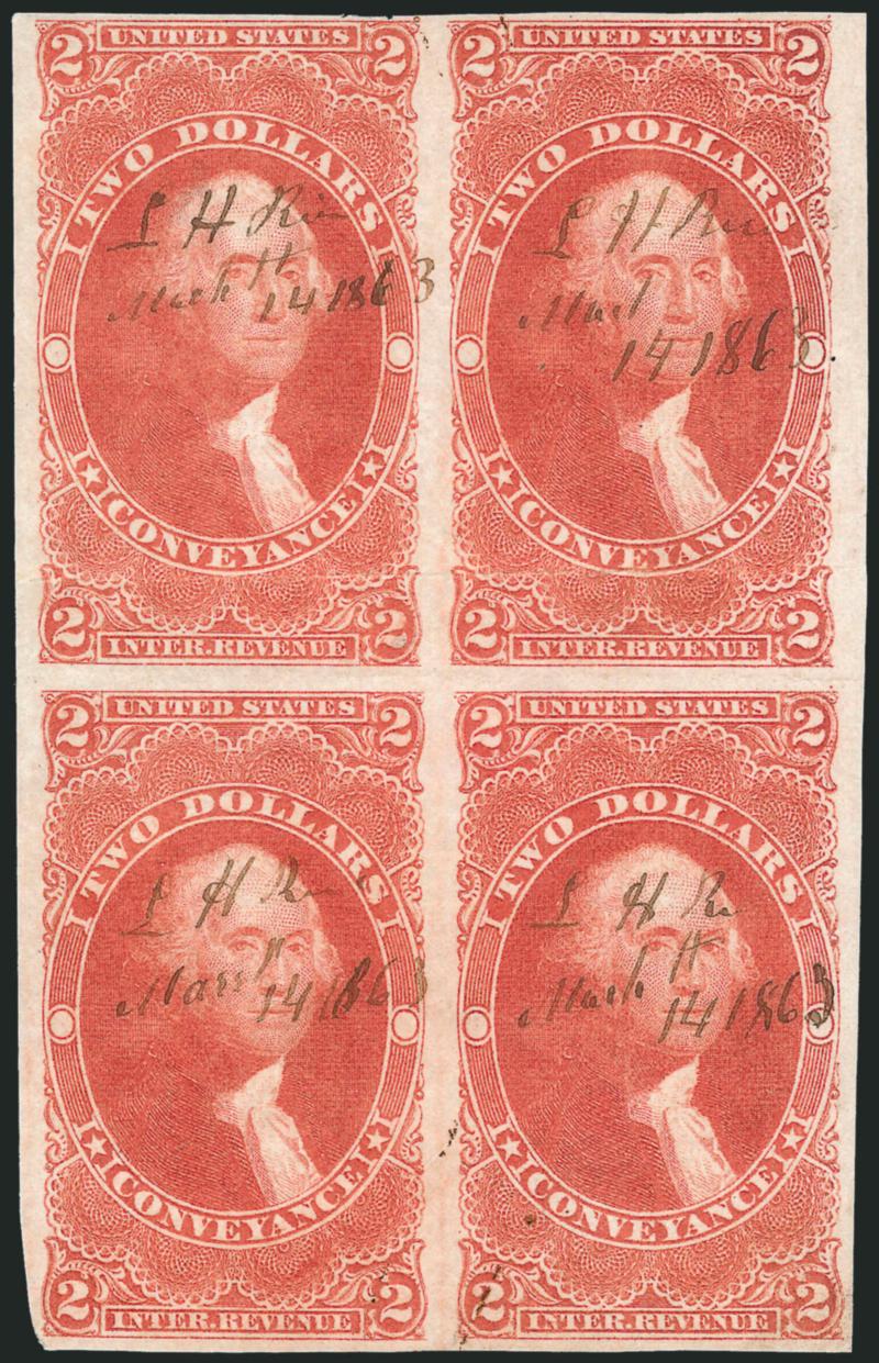 $2.00 Conveyance, Imperforate (R81a).> Block of four, huge margins to full, radiant color, neat 1863 ms. cancels, horizontal crease affects top pair, top left stamp small thin spot, Very Fine appearance, ex
Holcombe, according to http:thecurtiscoll