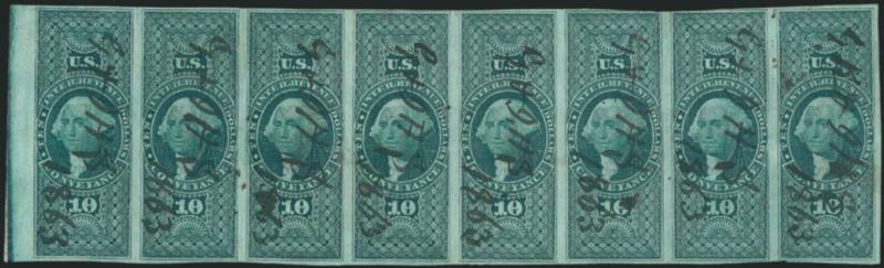 $10.00 Conveyance, Imperforate (R94a).> Horizontal <strip of eight,> huge margins to just in incl. <sheet margin at left,> deep rich color, neat 1863 ms. cancels, few flaws to be expected in such a large
multiple, Very Fine appearance, according to h