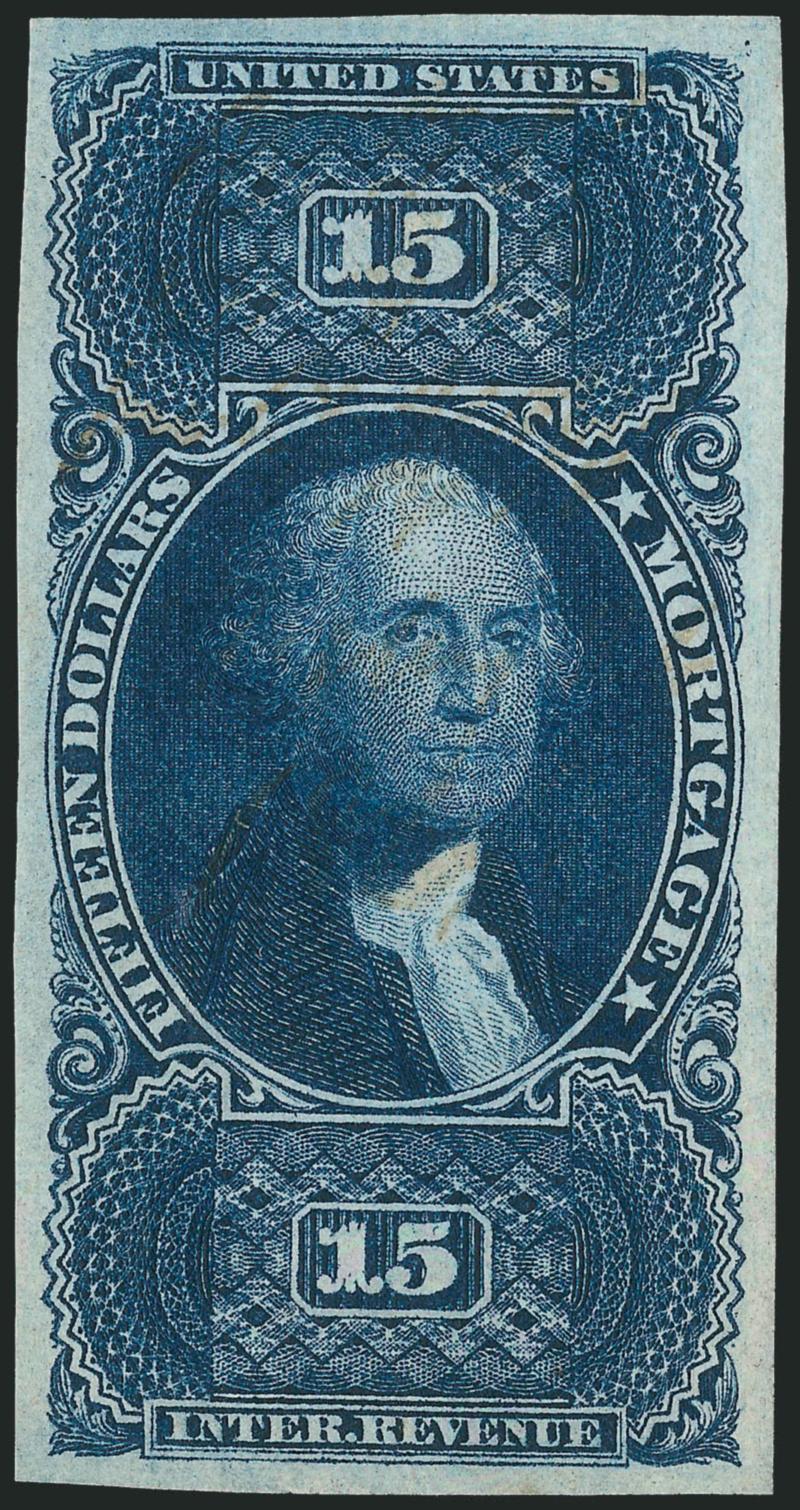 $15.00 Mortgage, Imperforate (R97a).> Large even margins all around, deep rich color and proof-like impression, faint manuscript cancel<><>^EXTREMELY FINE. A BEAUTIFUL EXAMPLE OF THE $15.00 MORTGAGE
IMPERFORATE.^<><>With 2008 P.S.E. certificate (
