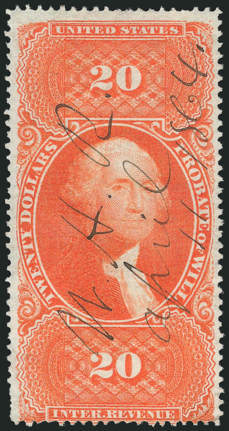 $20.00 Probate of Will, Perforated (R99c).> Vivid color, neat 1864 ms. cancel, few perf flaws, still Fine