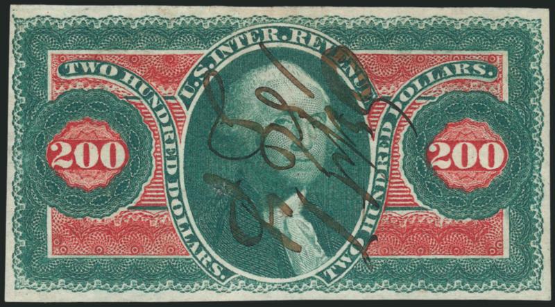 $200.00 U.S.I.R., Imperforate (R102a).> Full to large margins, rich colors, Sep. 7, 1864 ms. cancel, Very Fine and choice example of this colorful and scarce First Issue Revenue stamp, with 1999 P.F.
certificate