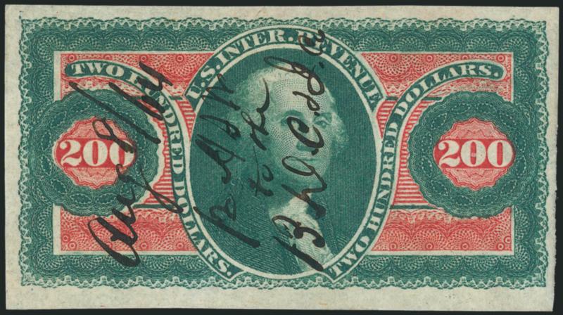 $200.00 U.S.I.R., Imperforate (R102a).> Large to huge margins, deep rich colors, neat Aug 864 ms. cancel, small shallow thin spot at right and tiny pinhole, Extremely Fine Gem appearance, Colson backstamp, with
2010 P.F. certificate