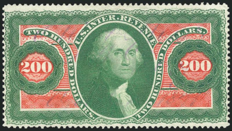 $200.00 U.S.I.R., Perforated (R102c).> Yellow Green & Red shade combination, light ms. cancel, Very Fine