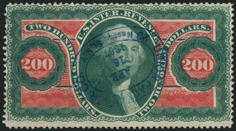 $200.00 U.S.I.R., Perforated (R102c).> Beautiful rich colors, clear central blue Union Pacific R.R. 20 Nassau st., N.Y. Apr 16 1867 double oval datestamp cancel, Fine and very attractive
