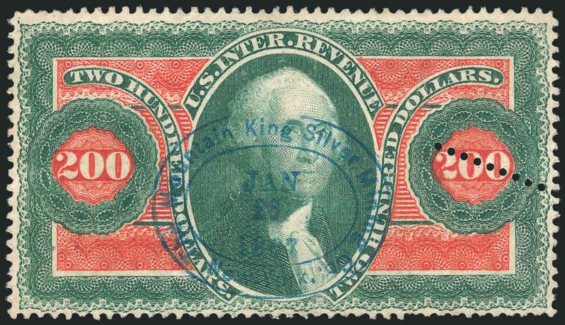 $200.00 U.S.I.R., Perforated (R102c).> Bright colors, unusual misperforation at right, neat strike of blue The Mountain King Silver Mining Co., New-York Jan. 26, 1867 oval datestamp, light crease at right, Very
Fine appearance, with 1999 A.P.S. cer