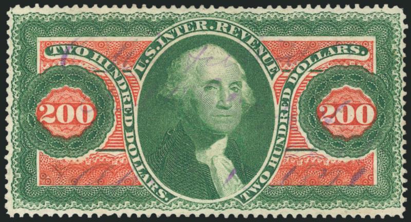 $200.00 U.S.I.R., Perforated (R102c).> Nicely centered, 1871 violet ms. cancel, accompanying certificate also notes herringbone cancel, but does not cut the paper, couple trivial creased perfs at top, otherwise
Very Fine, with 2010 P.F. certificate