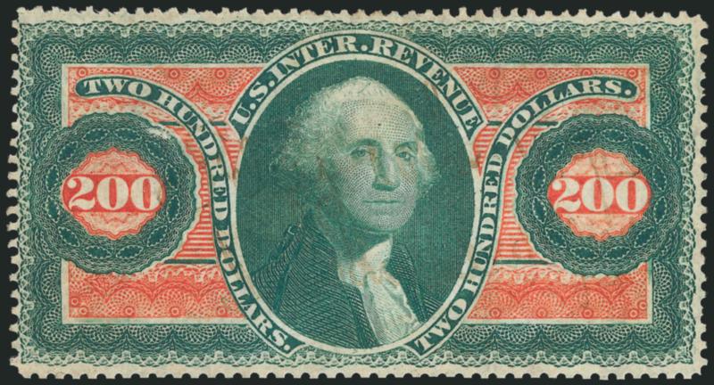 $200.00 U.S.I.R., Perforated (R102c).> Lightened ms. cancel, tiny scuff and reperfed at bottom, otherwise Very Fine