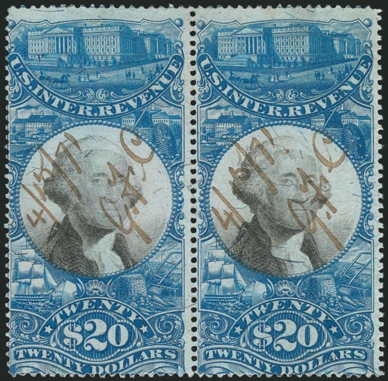 $20.00 Blue & Black, Second Issue (R129).> Horizontal pair, neat April 1871 ms. cancels, about Fine
