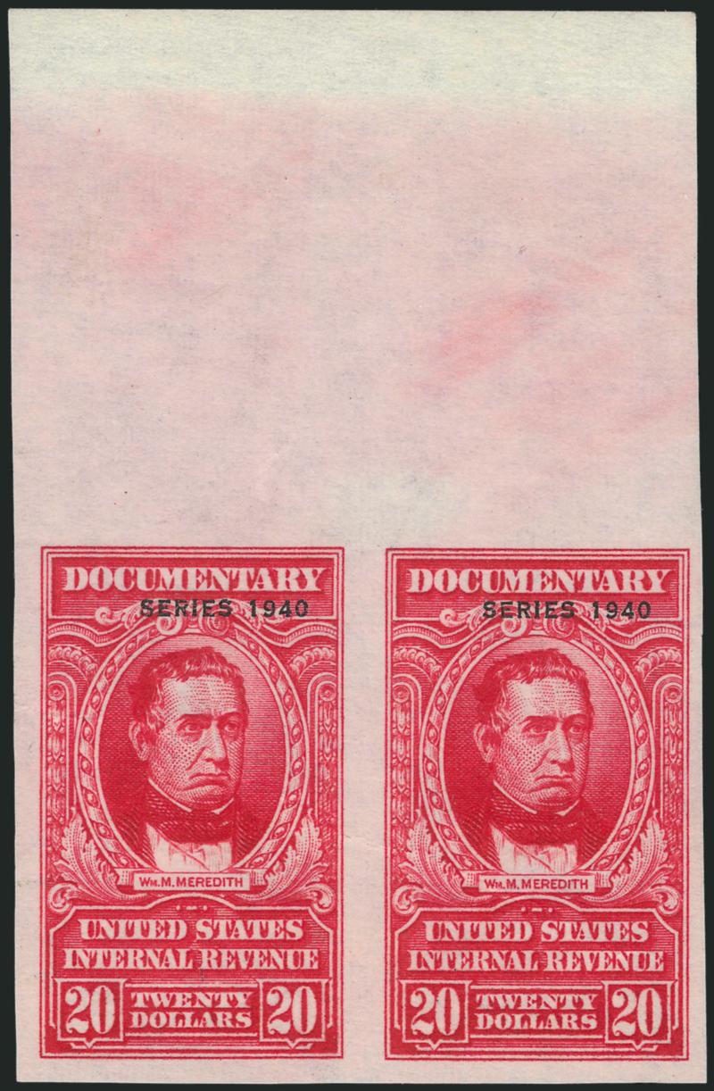 $20.00 Carmine, Series of 1940, Imperforate (R305Ab).> Horizontal pair with huge top sheet margin, large to huge other sides, without gum as issued, fresh and Extremely Fine