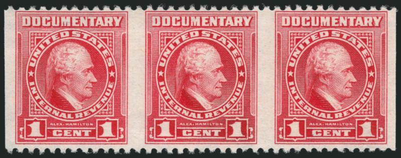 1c Carmine, Without Ovpt., Horizontal Pair Imperforate Vertically (R654a).> Mint N.H. strip of three, Fine and scarce, Scott Retail as pair only