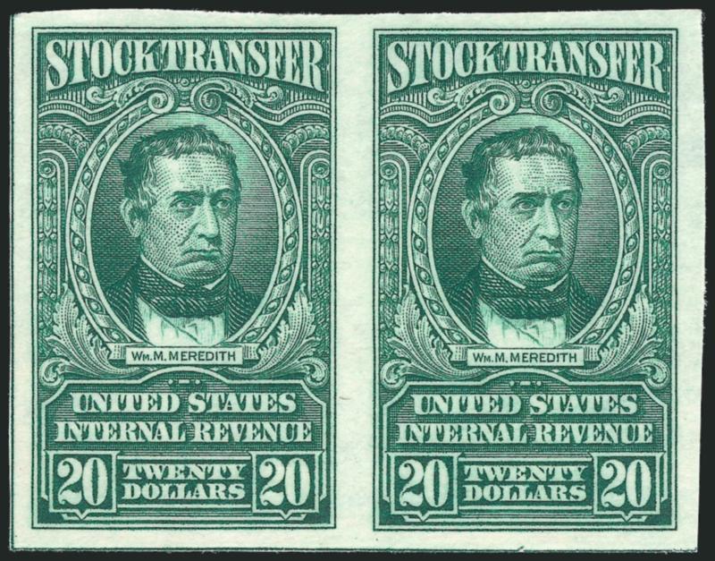 1c-$20.00 Bright Green, Series of 1940, Without Overprint and Imperforate (RD67 var-RD85 var).> Horizontal pairs, without gum as issued, right $4.00 trivial corner margin stain, virtually all Very
Fine-Extremely Fine