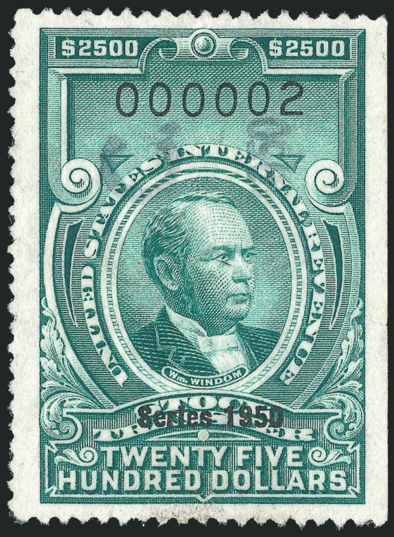 $2,500 Bright Green, Series of 1950 (RD336).> Well-centered, light handstamp and cut cancels, desirable low serial no. 000002, Very Fine