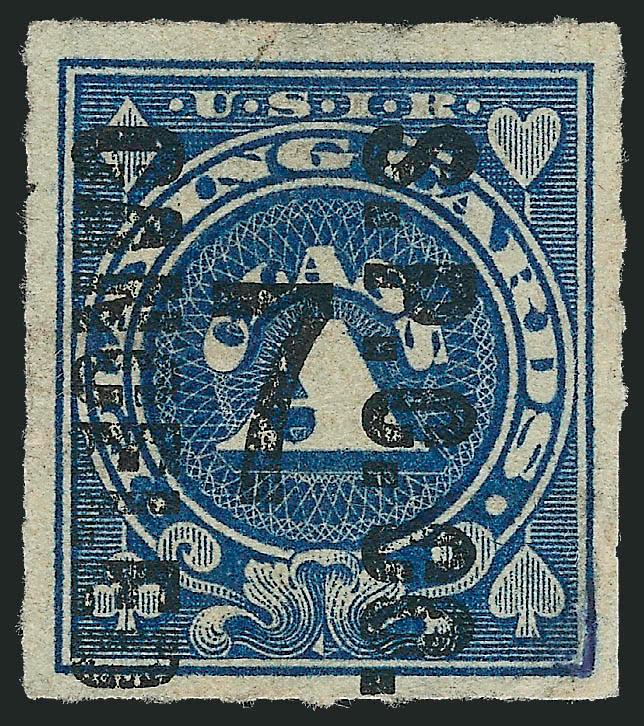 7c on 2c Blue, Playing Cards (RF7).> Nicely centered, small thin spots, typical for this stamp that was used to seal a deck of playing cards, Very Fine appearance