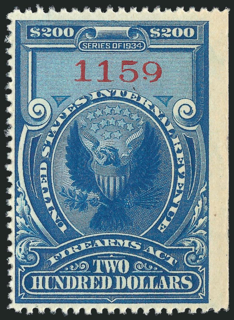 $200.00 Dark Blue & Red, 1934 Issue, Firearms Transfer (RY2).> Without gum as issued, natural s.e. at right as is the case with all RY2s (half of them are s.e. on two sides), Fine, seldom offered